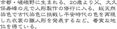 京都・嵯峨野に生まれる。20歳より父、大久保寿峰の元で人形製作の修行に入る。総天然染色で古代染色に挑戦し平安時代の色を再現した衣裳の雛人形を発表するなど、着実