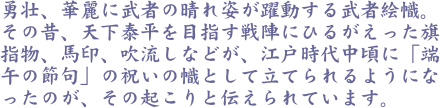 勇壮、華麗に武者の晴れ姿が躍動する武者絵幟。その昔、天下泰平を目指す戦陣にひるがえった旗指物、馬印、吹流しなどが、江戸時代中頃に「端午の節句」の祝いの幟として